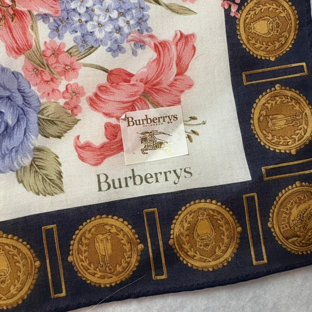 VTG BURBERRYS Scarf Handkerchief Floral Medallion Cotton Navy Pink 19.5" - Picture 3 of 6